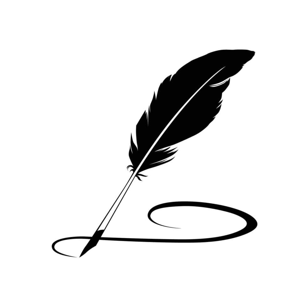 Feather quill with ink swirl design.